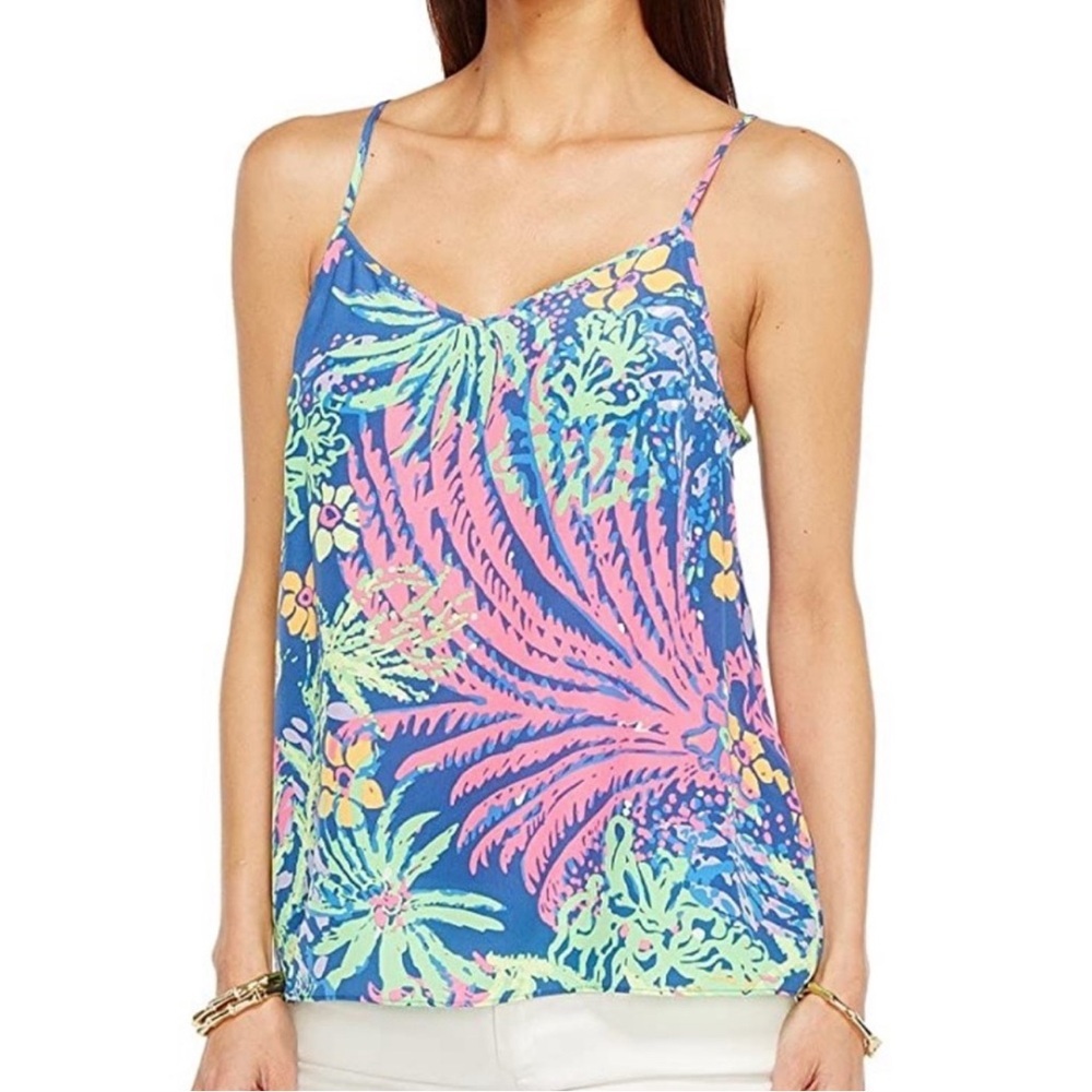 LILLY PULITZER‎ 100% Silk Dusk Racerback Tank Neon Floral Print Size XS